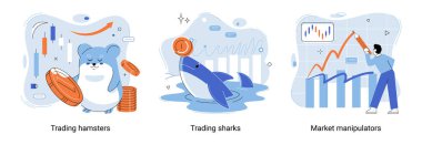 Shark emerges from water and holds gold coins on its nose. Trading hamsters and whale metaphor set. Fake data for business valuation. Inexperienced investor, bad investment, experienced traders