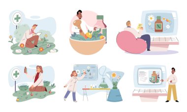 Homeopati ve bitkisel tedavi seti. Tıbbi araştırma laboratuarı teşhisi. Homeopatik tedavi ve fizyoterapi. Alternatif tıp için geleneksel şifalı bitki tarifleri. İlaç eczanesi. Bitkisel ilaçlar