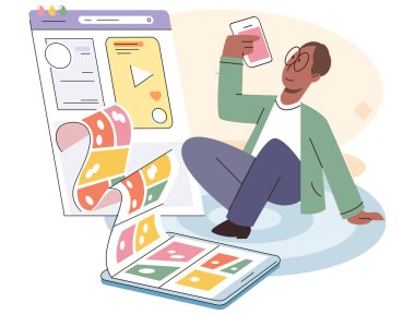 Telefonu olan genç bir çocuk internet, telefon ya da internet bağımlılığı hakkında bilgi almak için başvuruları ve aramaları kullanıyor. Akıllı telefonlu, ciddi düşünen genç bir çocuk. İnsanlar ve dijital aygıtlar