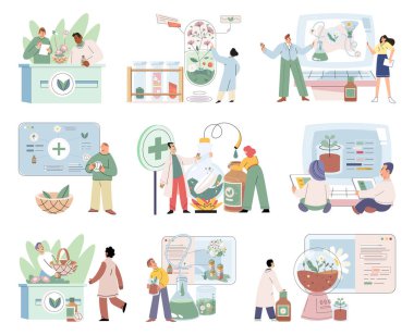 Doktor şifalı bitkileri kontrol ediyor. Doğal bitkisel ilaç seçimi. Doğal ilaç araştırması yapan bir bilim adamı. Yeşil bitkisel tıp araştırma laboratuvarı. Bilim adamı doktor alternatif şifalı bitkiler yapıyor.