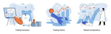 Shark emerges from water and holds gold coins on its nose. Trading hamsters and whale metaphor set. Fake data for business valuation. Inexperienced investor, bad investment, experienced traders