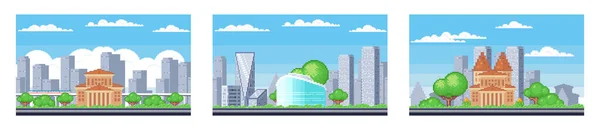 Pixel Konst Landskap Urban Gatuvy Bitars Stadsparkväg Med Bakgrundsbyggnader Och — Stock vektor
