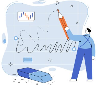 Stock market manipulation concepts set, change business graph indicator, influence crypto currency price for benefit or profit. Character analyzing stock market data to control financial graphic chart