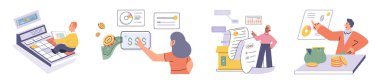 Set of people analyzing personal or corporate budget. Concept of finance accounting and calculation of financial income and expenses report. Financial consultant with document for tax computation