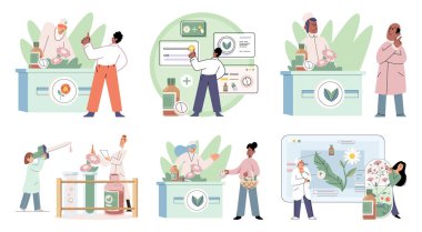 Laboratuvarda doğal bitkisel ilaç araştırmaları yapılıyor. Geleneksel tıp konsepti. Bilim adamı doktor karakterleri tıbbi bitkilerden, bitkisel malzemelerden, özlerden, homeopatik tariflerden,