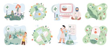 Doktor şifalı bitkileri kontrol ediyor. Doğal bitkisel ilaç seçimi. Doğal ilaç araştırması yapan bir bilim adamı. Yeşil bitkisel tıp araştırma laboratuvarı. Bilim adamı doktor alternatif şifalı bitkiler yapıyor.