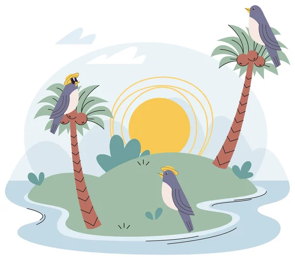 Okyanusta Egzotik Kuşları Bitkileri Batan Güneşiyle Tropik Bir Ada Denizde — Stok Vektör
