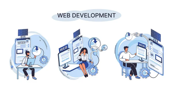 Metáfora Desenvolvimento Web Codificação Programação Site Layout Responsivo Internet Aplicativo — Vetor de Stock