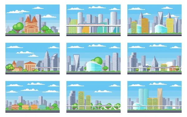 Edifici Cittadini Set Paesaggi Urbani Pixelati Del Centro Città Scenario — Vettoriale Stock