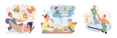 Happy little kid using tablet, child watching smartphone while eating at kitchen at home. Irritated mom is nervous that kid is distracted during feeding and spends too much time with gadgets