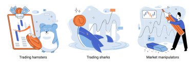 Shark emerges from water and holds gold coins on its nose. Trading hamsters and whale metaphor set. Fake data for business valuation. Inexperienced investor, bad investment, experienced traders