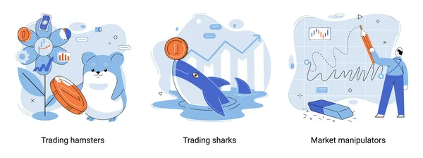 stock vector Shark emerges from water and holds gold coins on its nose. Trading hamsters and whale metaphor set. Fake data for business valuation. Inexperienced investor, bad investment, experienced traders