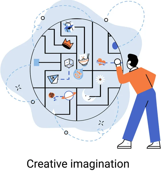 Mente Criativa Imaginação Brainstorm Conceito Ideia Original Com Homem Olhando —  Vetores de Stock
