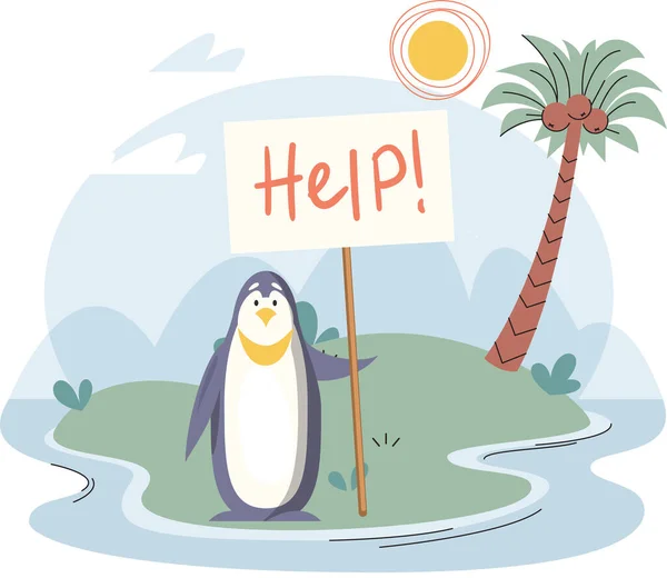 Pingüino Está Pie Con Letrero Pidiendo Ayuda Pie Una Pequeña — Vector de stock