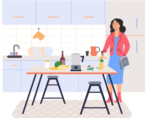 stock vector Woman preparing salad using vegetarian ingredients standing at table in kitchen room. Proper nutrition, healthy lifestyle and vegetarianism concept. Process of cooking vegetarian food, healthy dish