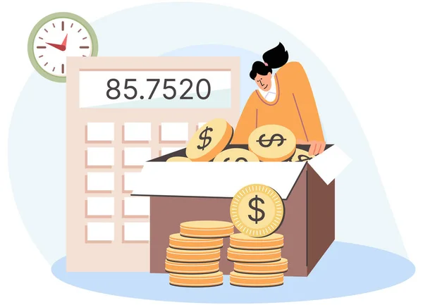 stock vector Analyzing budget web concept. Woman calculate and control financial balance, making report and paying taxes. Auditing and finance management. Person analyzing personal or corporate money profit