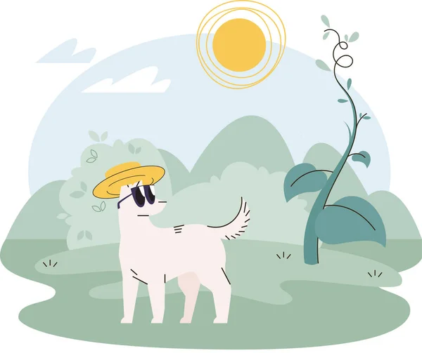 狗戴太阳镜在森林里 坐在绿草上 植物和炎热的太阳的背景上 爱抚着他的眼睛 挡住了明亮的光芒 气候变化 全球变暖的概念 带动物的草原景观 — 图库矢量图片