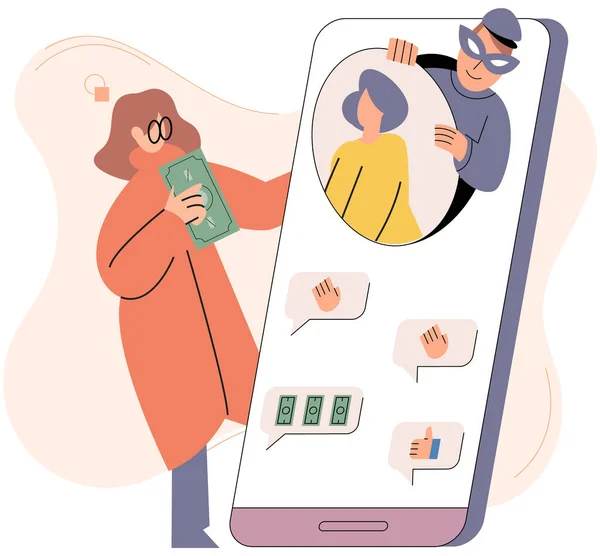 Internet Hacker Stealing Money Cybercrime Smartphone Payment App Woman Panic — Stock Vector