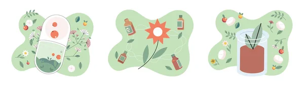 Gröna Organiska Naturliga Homeopatiska Piller Glasburk Homeopati Behandling Naturläkemedel Alternativ — Stock vektor