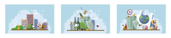 Uppsättning Återvinning Avfallshantering Och Avfallsfritt Avfall Globen Jord Med Skräp — Stock vektor