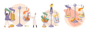 Time and money, deferred payment, financial system of global economy, capital investment, business timer countdown. Hourglass with coins and money turn into planet. World stock exchange vector set