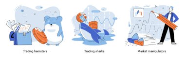 Stock market manipulation concepts set, change business graph indicator, influence crypto currency price for benefit or profit. Character analyzing stock market data to control financial graphic chart