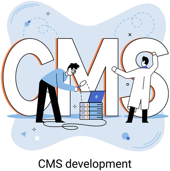 数字内容管理系统 Cms开发软件隐喻 信息系统或计算机程序使组织在网络中创建 编辑和管理软件的协作过程成为可能 — 图库矢量图片