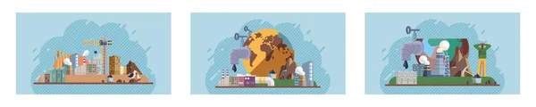 拯救地球 世界环境日 地球上到处都是烟 垃圾全球变暖 二氧化碳的温室效应 生态活动家 生态多样性 具有毁灭原因的地球 — 图库矢量图片