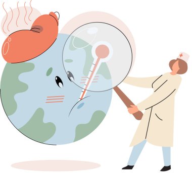 Isı ölçer ile Dünya 'yı yok edeceğim. Küresel ısınma kavramı. Doktor hastalıklı gezegeni inceler ve tedavi eder, testler yapar. Ekolojik felaket küresi. İklim değişikliği fikri ve ekoloji için tehlike
