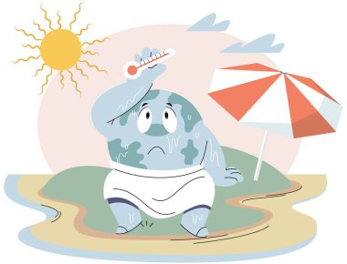 Zavallı küre, sıcak güneşin altında termometreyle kuru zeminde duruyor. Karikatür dünyası küresel ısınma kavramı. Gezegen aşırı ısınıyor, iklim değişikliği nedeniyle çevresel bir sorun. Doğal afetler felaketler