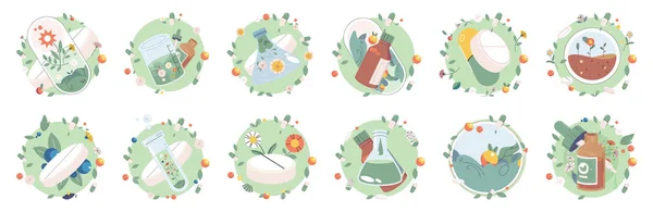 顺势疗法药丸替代草药 自然治疗和植物疗法的概念 草药片 植物包裹在叶子和绿色植物的背景下 天然产品药物 — 图库矢量图片
