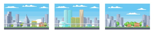 Şehir Binaları Şehir Merkezinde Pikselleştirilmiş Şehir Manzarası Seti Manzara Silüeti — Stok Vektör