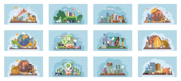 stock vector Saving the planet, World Environment Day. Planet Earth in smoke, plastic, garbage. Global warming set. Greenhouse effect of CO2. Eco activist. Ecological catastrophy. Earth with reasons of destroying