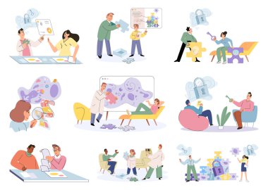 Psikoterapist sahneleriyle zihinsel terapi seansları ayarlandı. Hastaların davranışlarının ve duygularının düzeltilmesi, belirli korkulardan ve komplekslerden kurtulmayı amaçlıyor. Terapistle psikanaliz ve terapi.