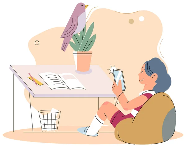 Criança Com Tablet Sentado Cadeira Saco Casa Conversando Comunicando Usando — Vetor de Stock