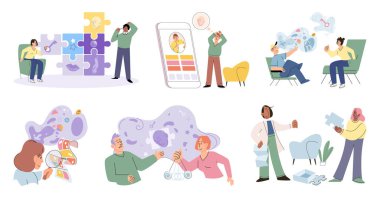 Psikolog zihinsel terapi seansında hastayı dinliyor. Gelişen zihin ve zihinsel zeka kendini geliştiren minik insan. Psikoterapistle konuşan biri. Psikolojik seans terapi desteği