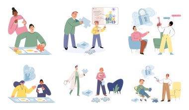 Karışık ve karmaşık akıl metaforu olan bir psikolog ve hasta. Psikolojik sorunları çözen bir doktor. Kanepe danışmanlığı, akıl sağlığı. Çevrimiçi ai terapi. Zihinsel terapi seansları oyunu. Hayat bulmacası
