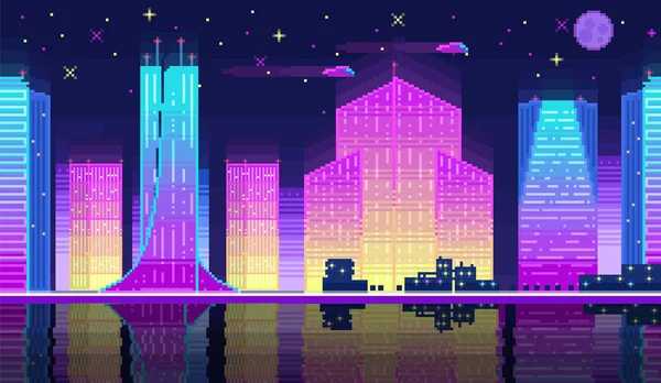 高層ビルのシルエットと暗い空の星と夜の都市景観ネオンピクセルの背景 現代の高層ビルとビデオゲームデザインピクセルの夜のピクセル化された夜の街並みネオン — ストックベクタ