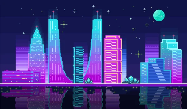 Gece Şehri Manzarası Neon Piksel Arka Planı Uzun Binalar Silueti — Stok Vektör