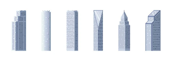 市の建物 ピクセル化された高層ビル孤立ピクセルアートベクトルのイラスト大都市ビジネスセンター ゲームアイコンのピクセルハウス パノラマ建築セット 8ビット ステッカー モバイルアプリのデザイン — ストックベクタ