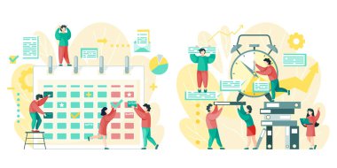 Organizatör veya takvim ve alarm saati, zaman yönetimi, iş geliştirme konsept vektörü. Tarihler ve organizasyon, çalışma haftası stratejisi. Çizelge ve ofis çalışanları illüstrasyonu