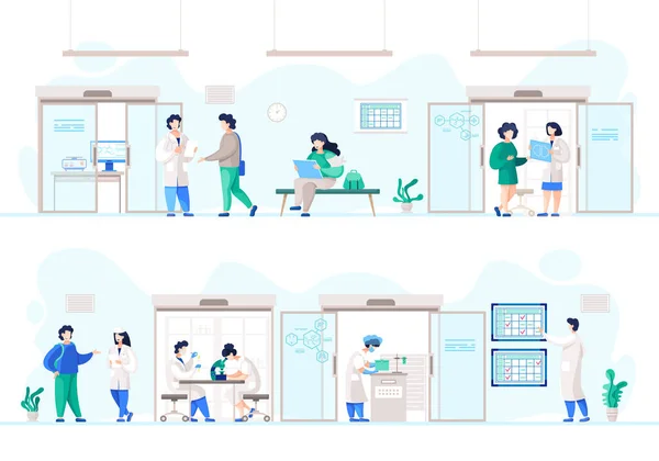 stock vector People in laboratory conducting experiment, scientists in white coats in science lab. Male and female researchers, scientific research. Testing equipment, Biology and Chemistry. Medical laboratory