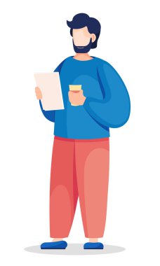 İşadamı elinde belgeler ve kağıt bardakla ayakta duruyor. Çalışma süreci ya da ofiste buluşma, adamın elinde bir plan var. Beyaz arkaplanda izole edilmiş vektör düz tasarım çizimi