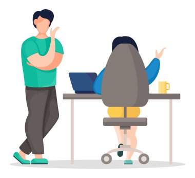 Ofiste oturan ve dizüstü bilgisayarla çalışan iş adamının vektör çizimi. Ortağıyla konuşan, el kol hareketi yapan ve arkasına yaslanan bir iş kadını. Ofis çalışanları tartışıyor