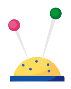 Beyaz arka planda izole edilmiş, karikatür vektör çizimi. İğneli iğne kutusu. Terzi aletleri, renkli başlıklı iğneli yatak. Dikiş dikmek, terzilik. Tekstil veya kumaş iğneleri