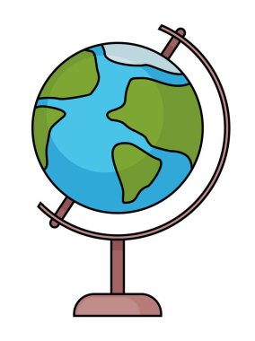 Dünya küresi beyaz arka planda izole edilmiş bir dünya haritası. Çizgi film tasarımında düz gezegen ikon vektör çizimi. Dünya gezegeninin mavi ve yeşil renkli küreleri özel bir çalışma için duruyor.