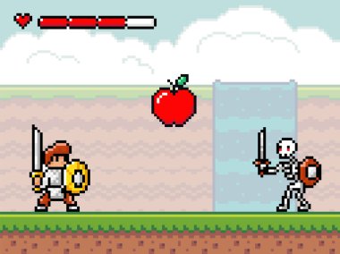 Piksel sanat tarzı, oyun atari salonundaki karakterler vektör illüstrasyonunda. Kılıcı ve kalkanı olan bir şövalyeyle oyun sahnesi ve silahlı bir iskelet, retro oyun modu. Kahraman canavarla cesurca savaşır.