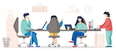 Ofiste çalışan meşgul iş adamlarının düz vektörü. İş sırasında iş arkadaşları iletişim kuruyor. İş ekibi analiz projesi ve planlama stratejisi. Takım çalışması beyin fırtınası. Ekip ortak çalışma yeri