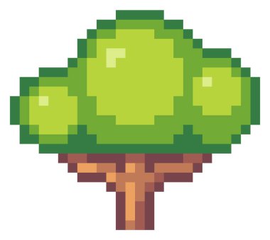 Ağaç pikseli tasarımının vektör çizimi. Beyaz arka planda pikselin ağaç ve çalı sembolü. Yapraklı yeşil bitki, pikselleşmiş doğa, çevresel nesne vektörü. Minimalist bahçe bitkisi tasarımı