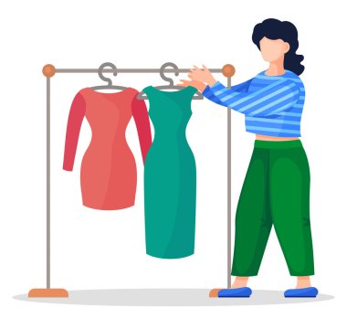 Beyaz arkaplanda çizgi film karakteri olan vektör illüstrasyonu. Soyunmuş gömlek giyen esmer kadın, yeşil pantolon, zarif elbiseli metal askılığın yanında mavi ayakkabılar. Moda tasarımcısı veya stilisti